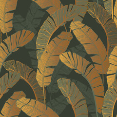 Nahtloses Muster von goldenen grünen tropischen Blättern.