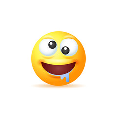 Crazy yellow emoji with salivation isolated on white background.