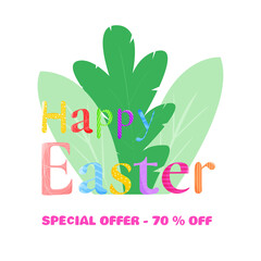 Vector banner of the Easter sale with colored text inscriptions and with spring leaves. Easter poster with a modern color pattern on a white background for a banner or leaflet template