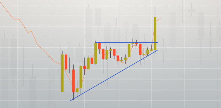 Ascending upward and stock market trading graph candlestick chart flat vector illustration. 