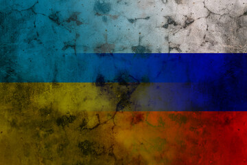 Flag of Russia and Ukraine painted on a concrete wall. Relationship between Ukraine and Russia