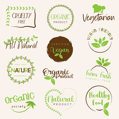 Fototapeta premium Collection of organic food, eco and natural products stickers, logo, badge, label and stamp for food market, e-commerce, healthy life food and drink promotion.