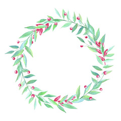 Watercolor floral wreath with red berries on white background