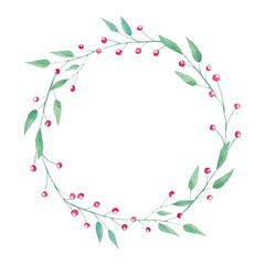 Watercolor floral wreath with red berries on white background