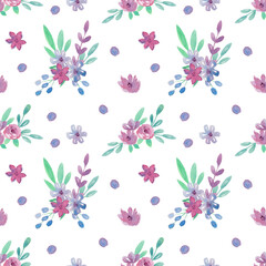 Seamless watercolor floral pattern with flowers on white background