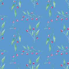 Seamless watercolor floral pattern with berries on blue background