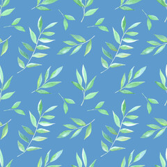 Seamless watercolor floral pattern with branches on blue background