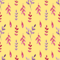 Seamless watercolor floral pattern with branches on yellow background