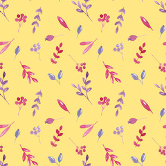 Seamless watercolor floral pattern with branches on yellow background