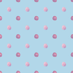 Seamless watercolor pattern with polka dots on blue background