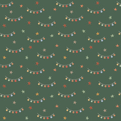 Watercolor Christmas seamless pattern. Scandinavian stars on green background. Hand made illustrations print. For design, cards, linens, wallpaper, cases design, posters, fabric, textile.