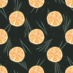 Watercolor Christmas seamless pattern with orange fruit. Hand made holiday background. Design, cards, wallpaper, posters, fabric, textile, wrapping paper.