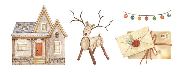 Watercolor Christmas set with house, Scandinavian deer, ginger cookies, conifer leaves. Hand drawn isolated elements on white background. For New year cards, greeting cards, graphic, poster, stickers.