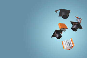 student caps and textbooks are flying on a blue background, copy space