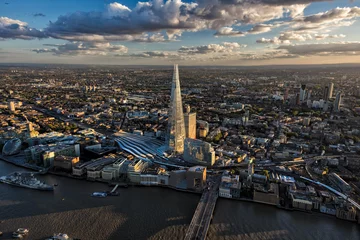 Poster Aerial London skyscrapers rail station river Thames England © Spotmatik