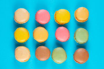 Close-up of macarons cakes of different colors .Culinary and cooking concept. Tasty colorful macaroons.