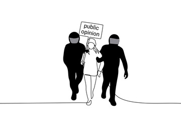 woman with a "public opinion" placard was detained and led by people in black uniform - one line drawing vector. concept of expression of public opinion under the ban