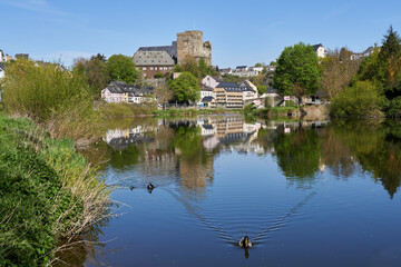 Fototapeta na wymiar Blick vom linken Lahnufer flussabwärts auf Runkel mit der Burg Runkel