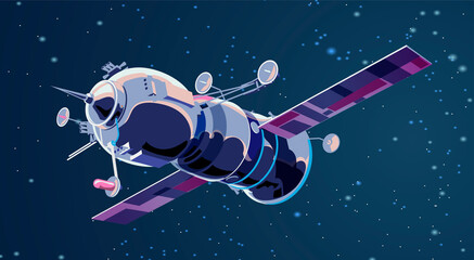 Vector illustration card with spaceship satellite in space with moon. Space history program, human exploration of near space. Picture with 3d model flying spaceship. Isolated © Andrey