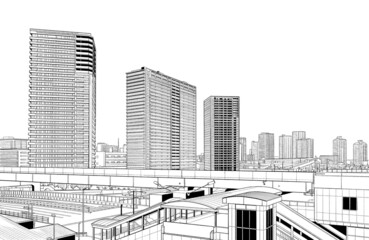 Fototapeta premium 漫画風ペン画イラスト 住宅_マンション