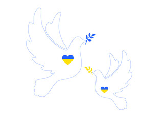 Heart-shaped icon with Ukrainian flag. Flying peace dove with olive branch logo symbol. Pray for Ukraine. Stop the war. 
