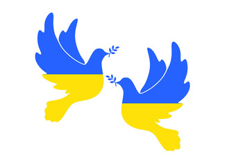 Heart-shaped icon with Ukrainian flag. Flying peace dove with olive branch logo symbol. Pray for Ukraine. Stop the war. 