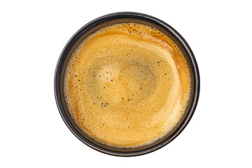 espresso coffee in a black cup on a white background top view