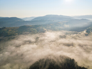 Morning fog in the Ukrainian Carpathians. Aerial drone view.