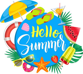 Hello Summer. View of lifebuoy, ice cream, starfish, cocktail, ball, and round paper on white background. Hello, summer background circle. Vector illustration. For web, poster, logo © EVGENIY