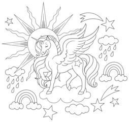 Cute pegasus on cloud with rainbows. sun and stars. Isolated vector outline for coloring book