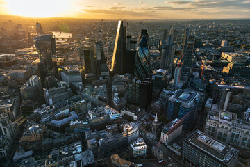 Aerial skyline view London at sunset city skyscrapers