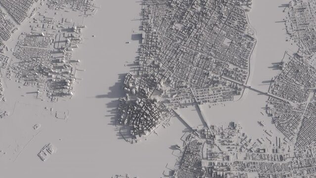 Flight over a white 3D model of New York. The camera stops near the Statue of Liberty.