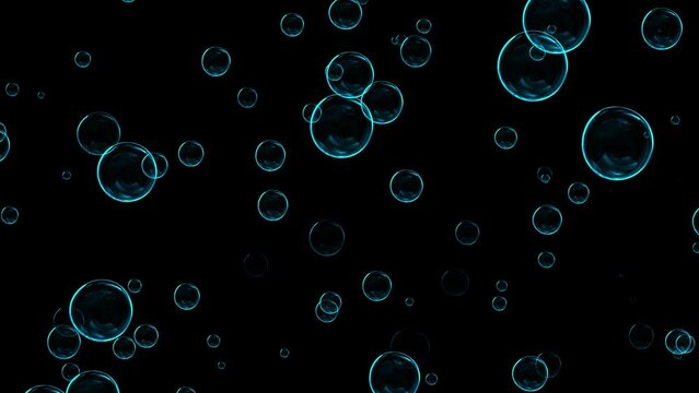 blue glowing bubbles motion on dark background, loop animation, soap foam