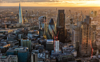 Aerial cityscape skyscraper view at sunset over London