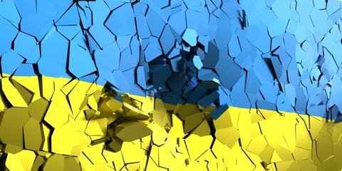 Ukraine war destroy. Ukrainian national official flag on cracked wall background, 3d render