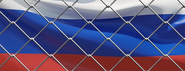 Russia national flag behind wire mesh fence, banner. Country border, boundary, 3d render