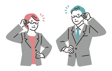 メガネをかけたスーツ姿の男女