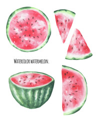 Watercolor set of sliced watermelon isolated on a transparent background.