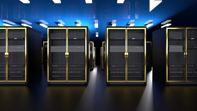 Servers. Servers room data center. Backup, mining, hosting, mainframe, farm and computer rack with storage information. 3d rendering