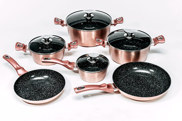 Cookware set - Pink Marble - pots and pans set 10 pcs Marble coating.
Forged aluminium.
Three-layer marble coating. Non-stick coating.
Two pans. Pots. Sauce pot. White background.