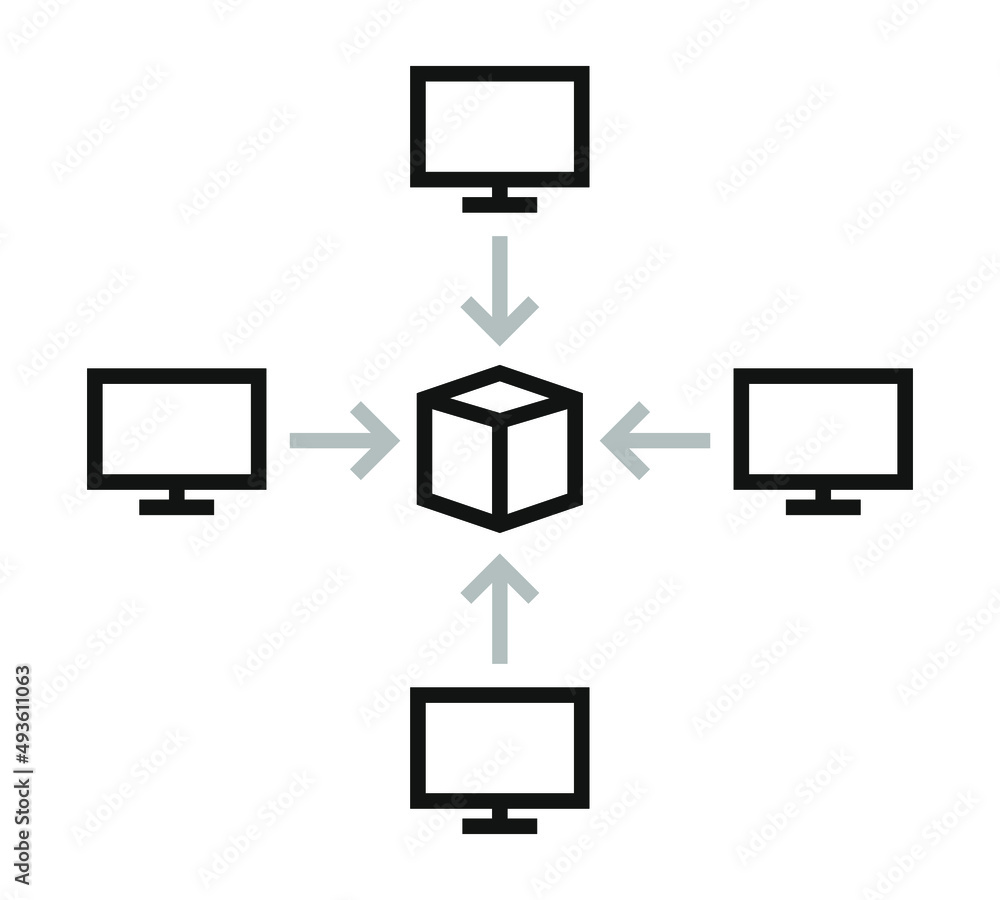 Poster Blockchain computer system  connect cube icon design vector illustration. Crypto currency digital smart contract protocol contain cryptography hash, transaction data, global linked network. 