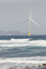 Las Palmas de Gran Canaria, March 3, 2022: Wind turbine offshore. Gran Canaria. Canary Islands. Spain.