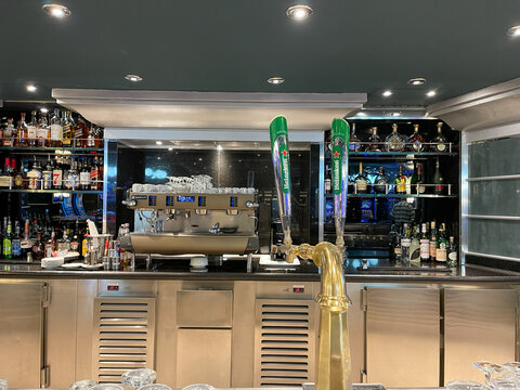 Beer tappers at an indoor bar on the MSC Cruise Ship Divina in Port Canaveral, Florida.
