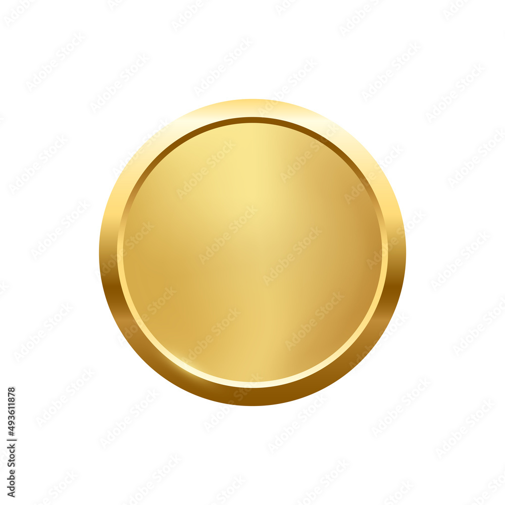 Poster gold round button with frame, 3d golden glossy elegant circle design for empty emblem