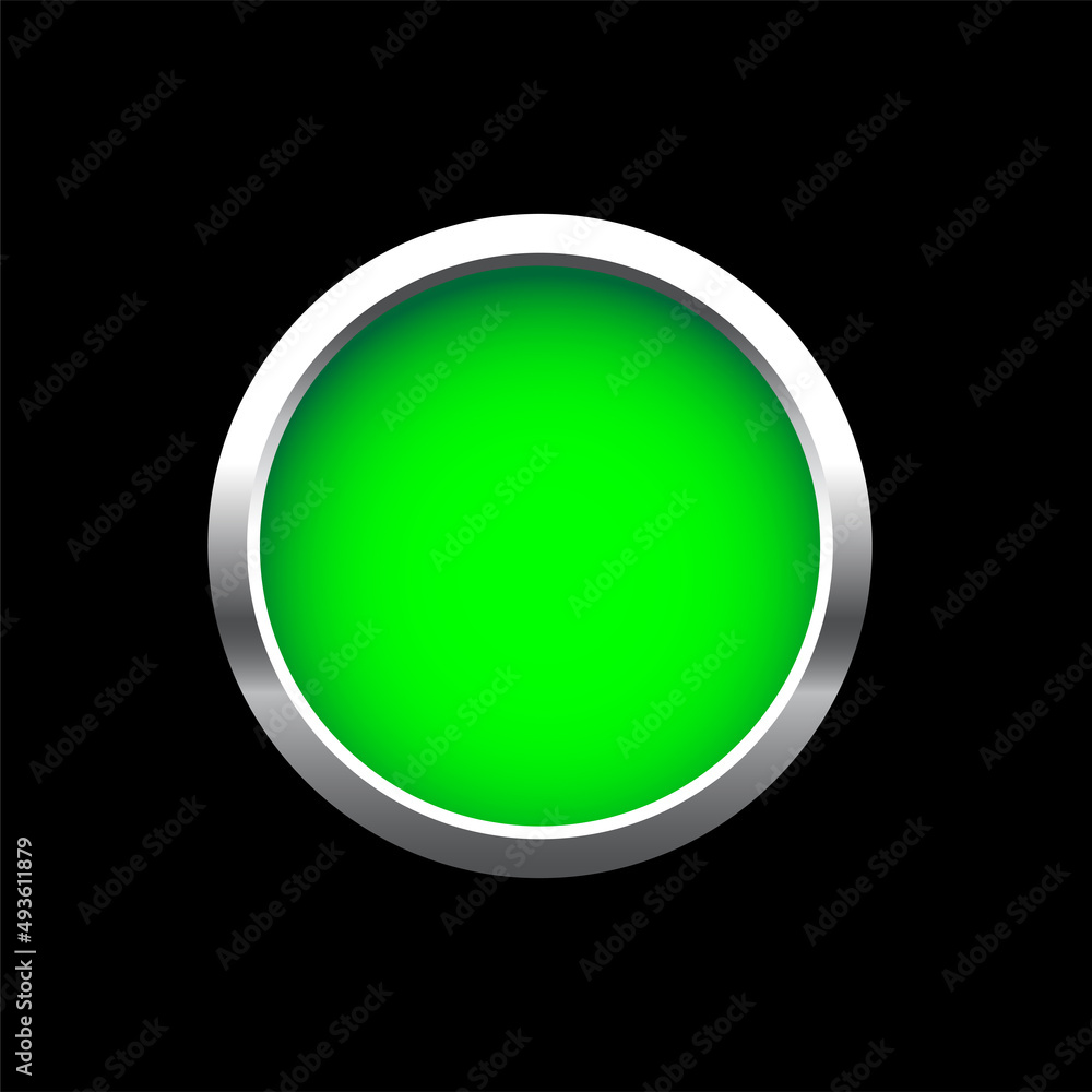Poster green button in round silver frame vector illustration. 3d realistic shiny metal circle ring on push