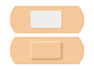 Adhesive bandage set of rectangle shape, 3d realistic band aid, back and front view