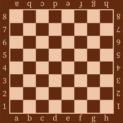 Chess board design template. Brown wooden chessboard background with letters and numbers. Vector mockup.