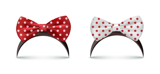 Hair band fashion accessory for baby girl vector illustrations. 3d realistic black headbands with ribbon bow in red and white polka dots, cute feminine hairclip, tiara with shadow and circle shape. © backup16