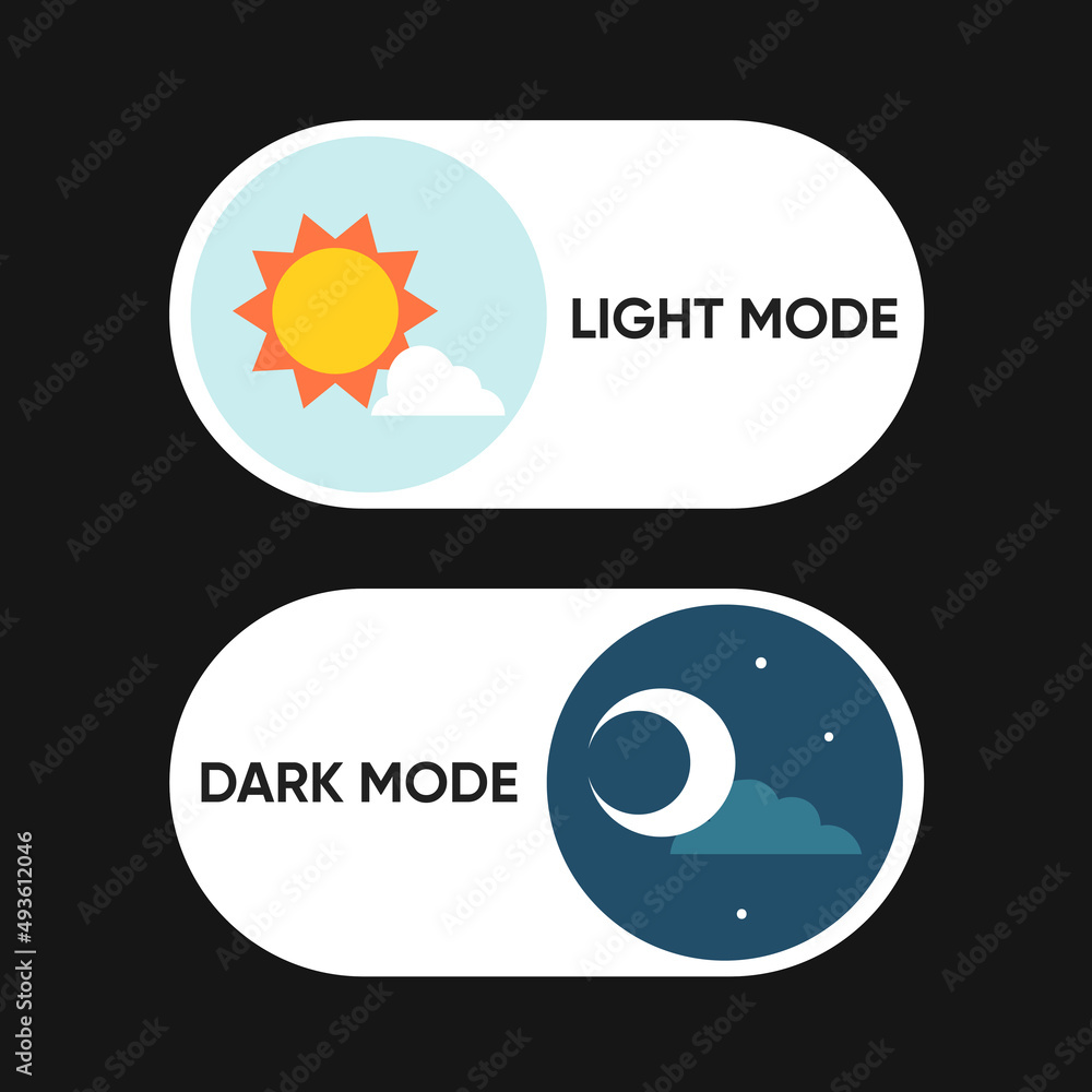 Poster on off switch element for mobile app, web design, animation. light and dark buttons. light and dark 