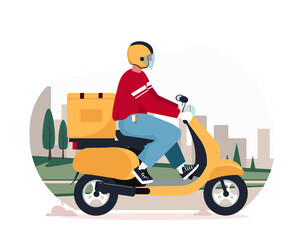 Scooter delivery service concept. Food service. Courier character riding scooter with delivery box. Vector cartoon illustration in flat style